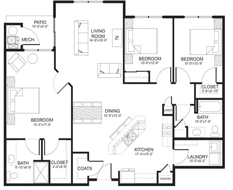 Floor plan for 3 beds, 2 baths, 1395 sqft